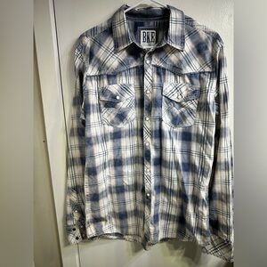 BKE Men's Casual Blue and White Plaid Shirt